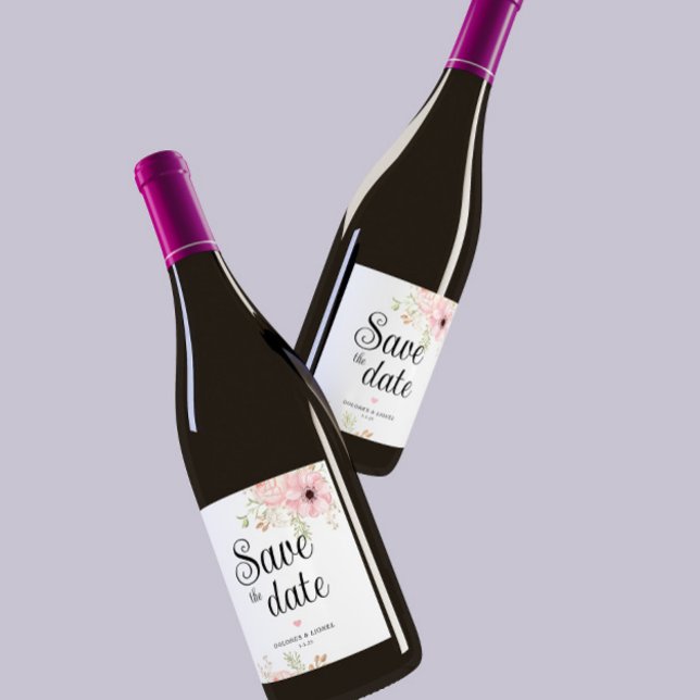 Floral rose Enregistrer la date Étiquette de vin (Créateur téléchargé)