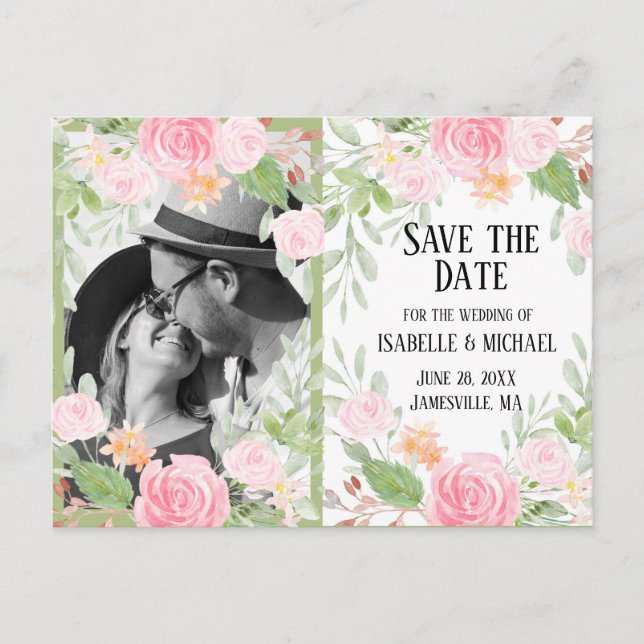 Floral rose et blanc Enregistrer la date Carte pos (Devant)