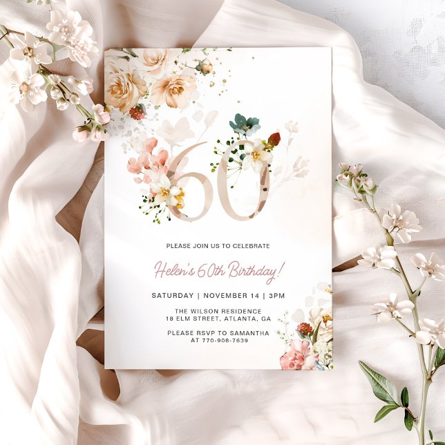 Floral rose et or 60e anniversaire Invitation (Créateur téléchargé)