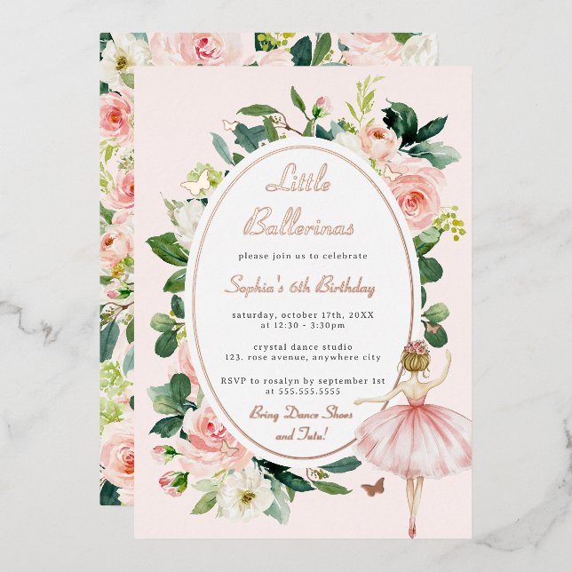 Floral Rose Gold Butterfly Ballerina Kindergeburts Folieneinladung (Vorderseite/Rückseite)