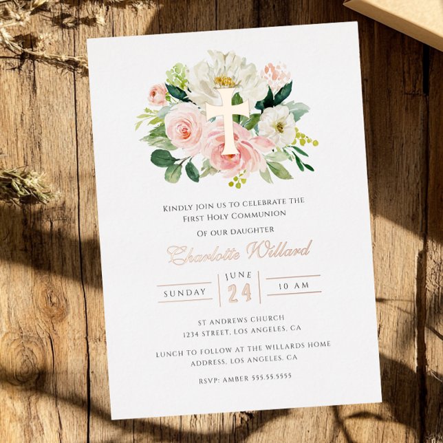 Floral Rose Gold Cross Girls Erste Kommune Folieneinladung (Von Creator hochgeladen)