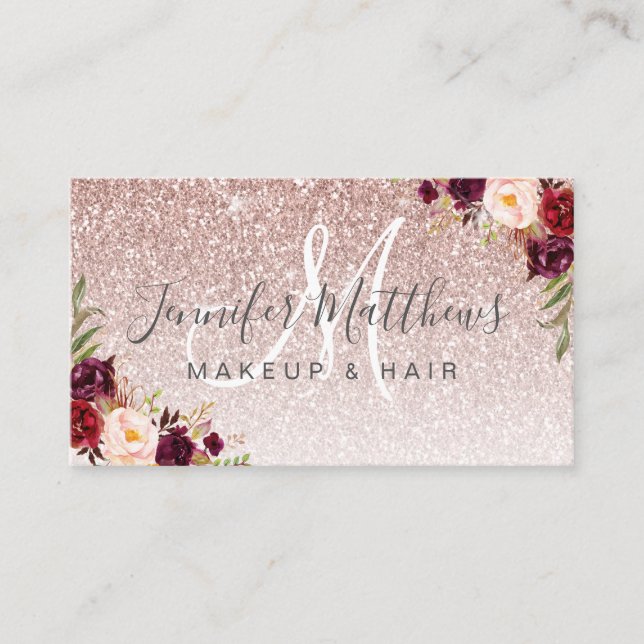 Floral Rose Gold Glitzer Makeup Artist Salon Visitenkarte (Vorderseite)