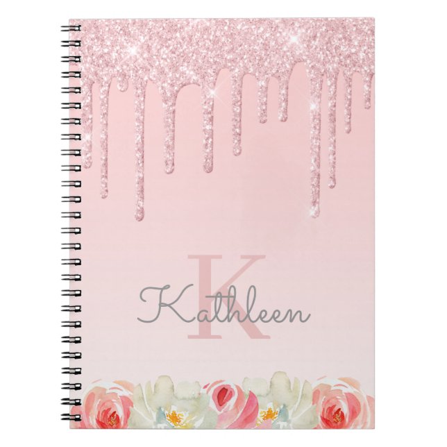 Floral Rose Gold Glitzer Tropfen Ombre Monogram Notizblock (Vorderseite)