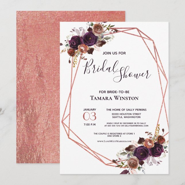 Floral Rose Gold Lila Geometrisches Brautparty Einladung (Vorne/Hinten)