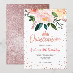 Floral Rose Gold Mexikanische Quinceñera Geburtsta Einladung