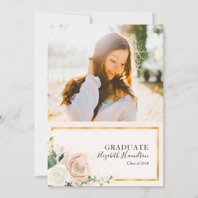Floral rose & Gold Photo Grad Faire-part (Devant)