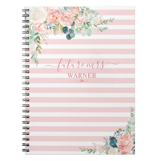 Floral Rose Gold Pink Stripe Script Zukunft Mrs. Notizblock (Vorderseite)