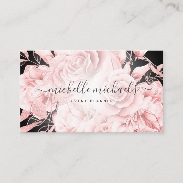 Floral Rose Gold Schwarz Modernes Drehbuch Visitenkarte (Vorderseite)
