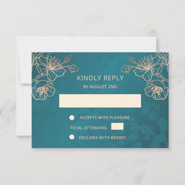 Floral Rose Gold Teal Wedding RSVP (Vorderseite)