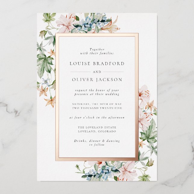 Floral Rose Gold Wedding Folieneinladung (Vorderseite)