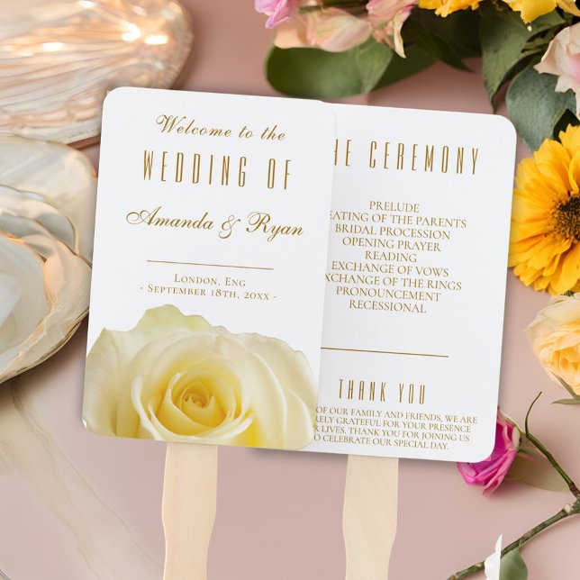 Floral Rose Golden Script White Wedding Program Fächer (Von Creator hochgeladen)