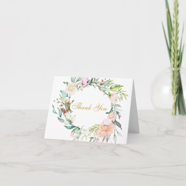 Floral Rose Grüne Goldene Schrift Vielen Dank Karte (Vorderseite)