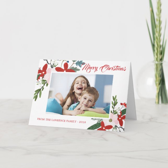 Floral rose moderne Joyeux Carte photo de Noël (Devant)