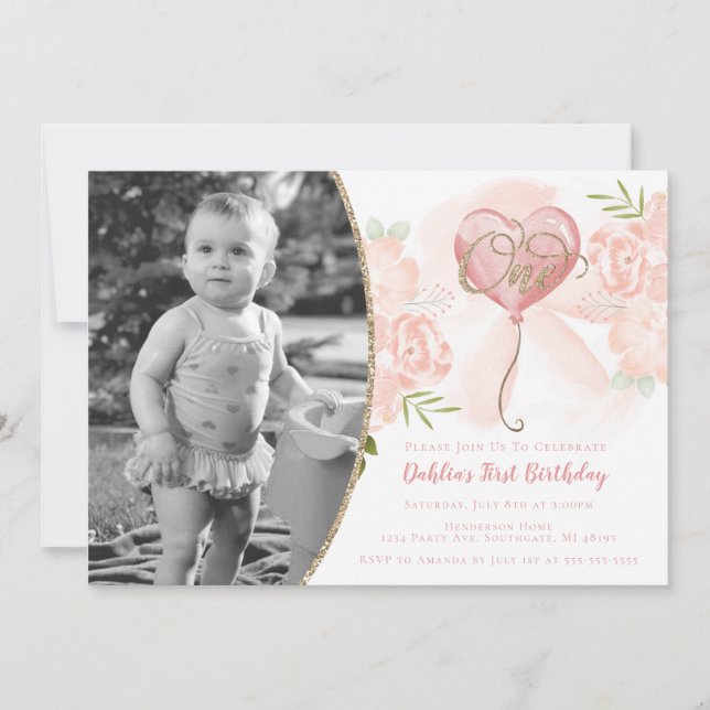 Floral rose & or Premier anniversaire Invitation p (Devant)