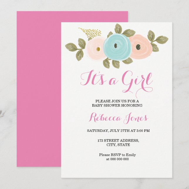 Floral rose Pêche Baby shower Sa fille Invitation (Devant / Derrière)
