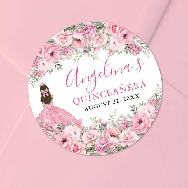 Floral Rose Pink Quinceanera Runder Aufkleber (Floral Rose Pink Quinceanera Classic Round Sticker)