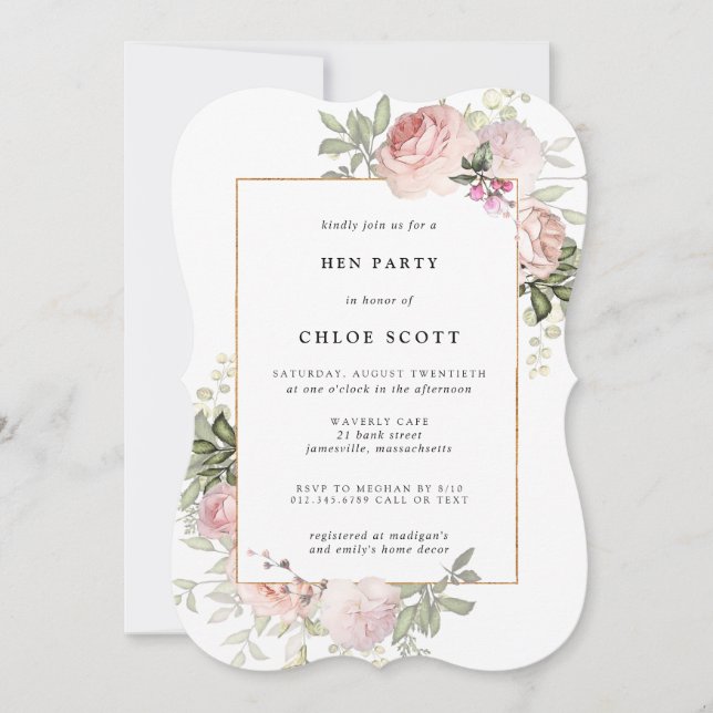Floral Rose rose pâle Invitation de la fête de Hen (Devant)