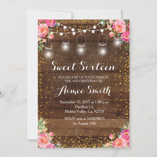 Floral rose rustique Sweet 16 Anniversaire Carte (Devant)