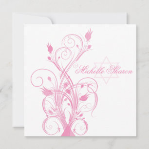 Floral rose sur invitation Bat mitzvah blanche