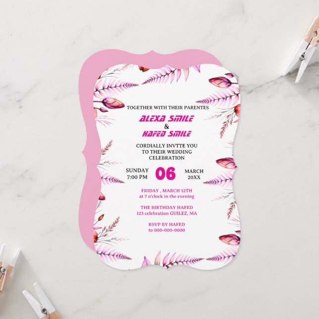 Floral Rose Wedding Invitation: Blush Pink Einladung (Vorderseite/Rückseite Beispiel)