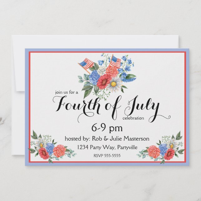 Floral Rouge Blanc et Bleu 4 juillet Invitation (Devant)