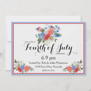 Floral Rouge Blanc et Bleu 4 juillet Invitation