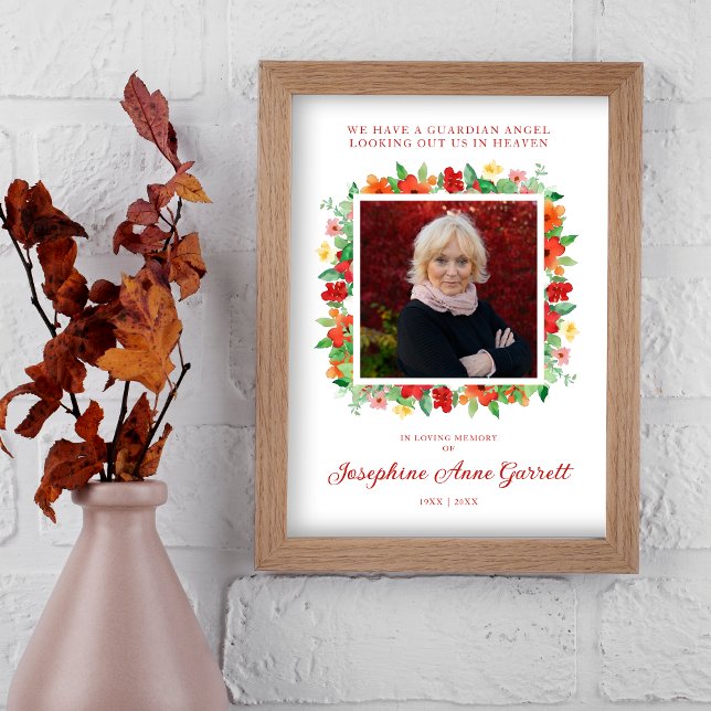 Floral Rouge & Orange Shades Poster Photo Memorial (Photo Remembrance Wedding Dear Ones Red and Orange Shades Floral Wreath Poster for Memorial.)