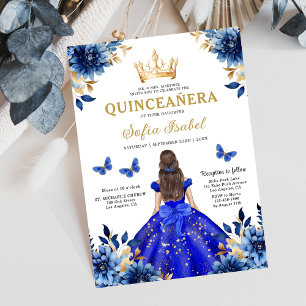 Floral Royal Blau Bilingual Spanische Quinceanera Einladung