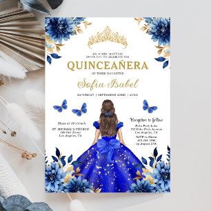 Floral Royal Blau Bilingual Spanische Quinceanera Einladung
