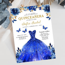 Floral Royal Blue Bilingual Spanish Quinceanera Einladung