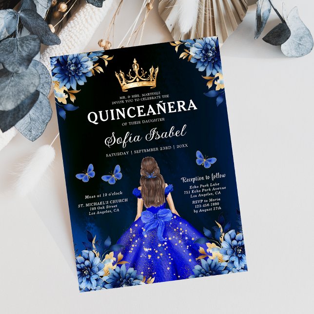 Floral Royal Blue Bilingual Spanish Quinceanera Einladung (Von Creator hochgeladen)
