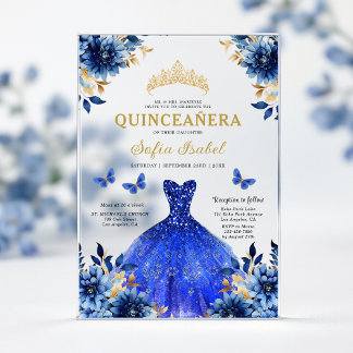 Floral Royal Blue Butterfly Princess Quinceanera Acryleinladungen