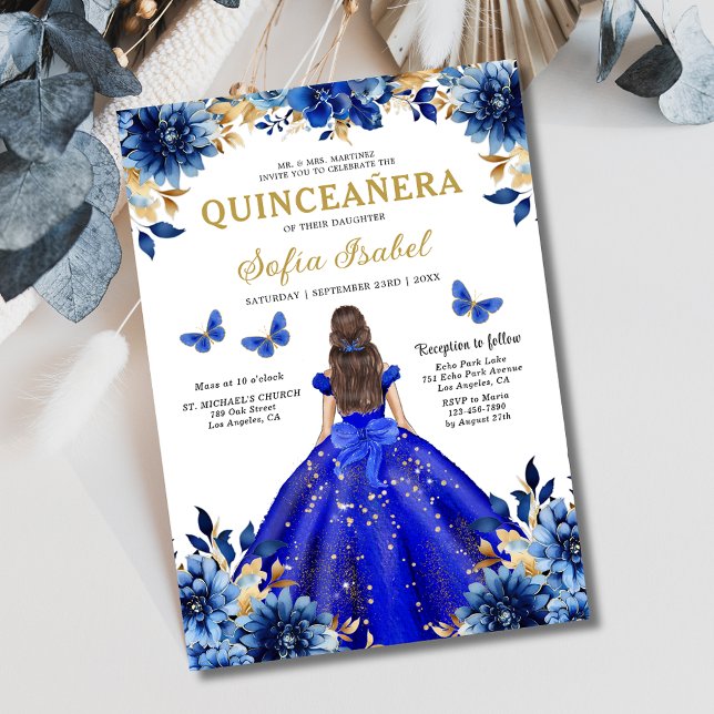 Floral Royal Blue Butterfly Princess Quinceanera Einladung (Von Creator hochgeladen)