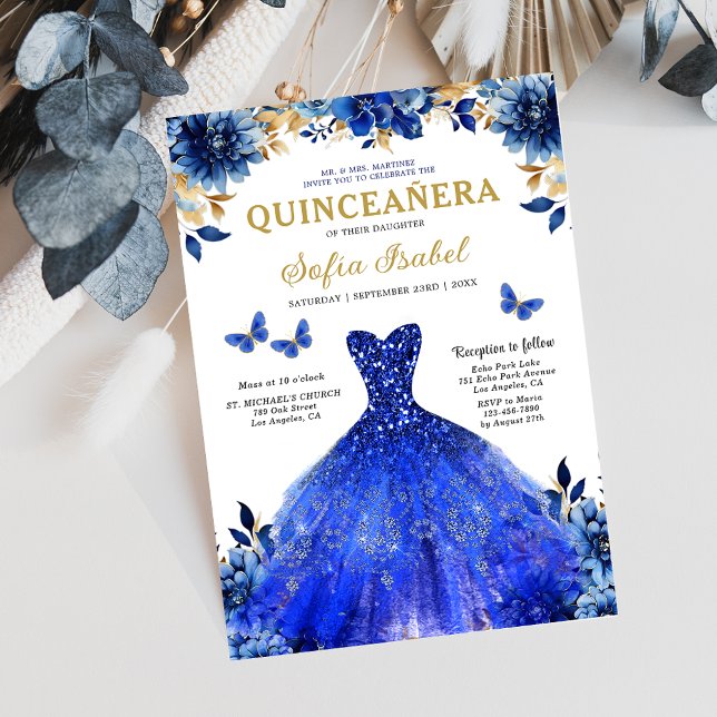 Floral Royal Blue Butterfly Princess Quinceanera Einladung (Von Creator hochgeladen)