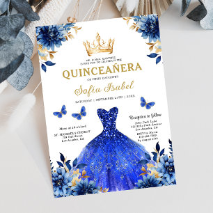 Floral Royal Blue Butterfly Princess Quinceanera Einladung