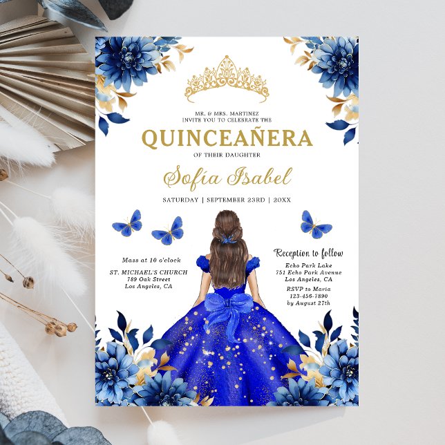 Floral Royal Blue Butterfly Princess Quinceanera Einladung (Von Creator hochgeladen)