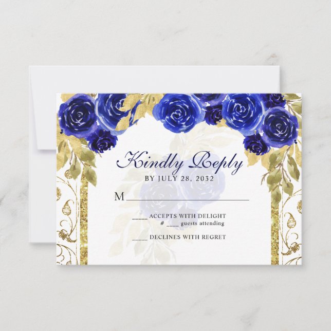 Floral Royal Blue Gold Arch Quinceañera RSVP Karte (Vorderseite)