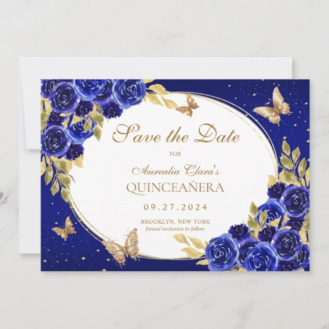 Floral Royal Blue Gold Butterfly Quinceanera Ankündigung (Vorderseite)