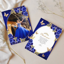 Floral Royal Blue Gold Butterfly Quinceñera Foto