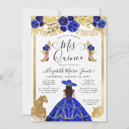 Floral Royal Blue Gold Horse Charra Quinceanera Einladung