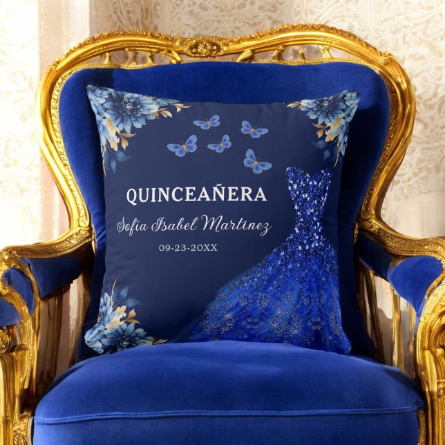 Floral Royal Blue Gold Princess Quinceanera Kissen (Von Creator hochgeladen)