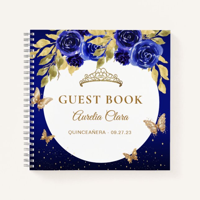 Floral Royal Blue Gold Tiara Butterfly Gästebuch Notizbuch (Vorderseite)