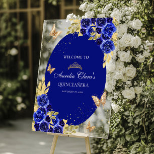 Floral Royal Blue Gold Tiara Butterfly Quinceañera