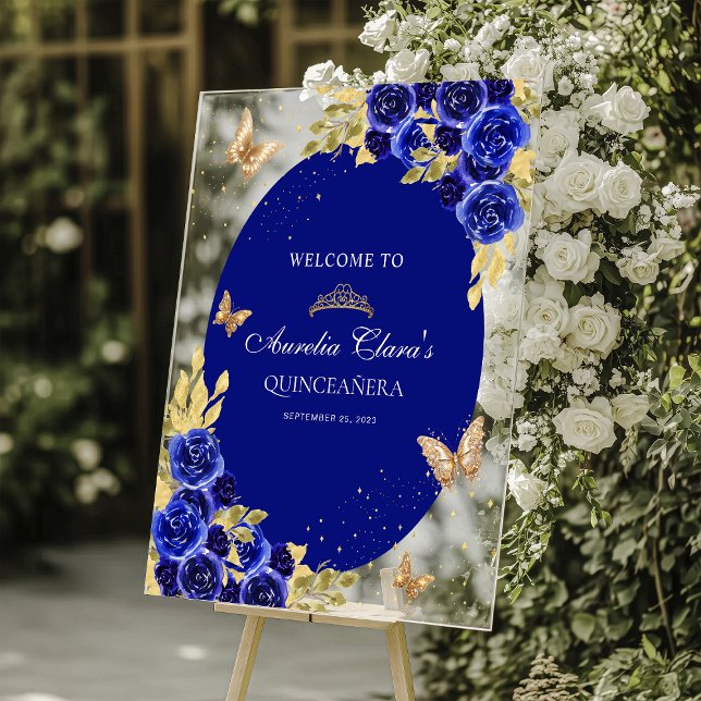 Floral Royal Blue Gold Tiara Butterfly Quinceañera Acrylschild (Von Creator hochgeladen)