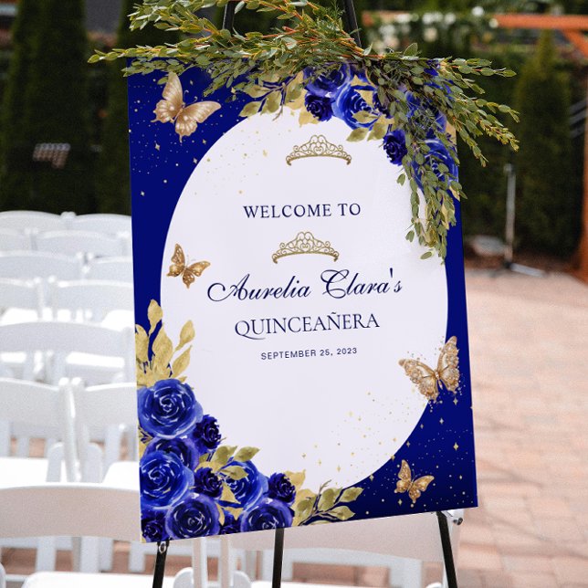 Floral Royal Blue Gold Tiara Butterfly Quinceañera Poster (Von Creator hochgeladen)