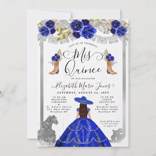 Floral Royal Blue Silver Horse Charra Quinceanera Einladung (Vorderseite)