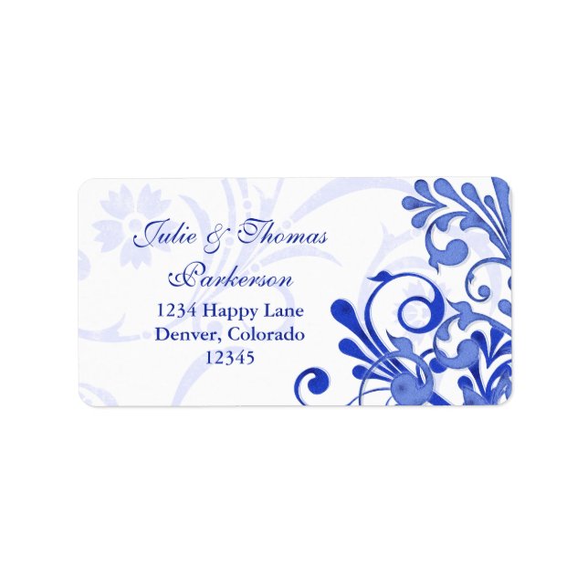 Floral Royal Blue Wedding Return Address Label Adressaufkleber (Vorne)