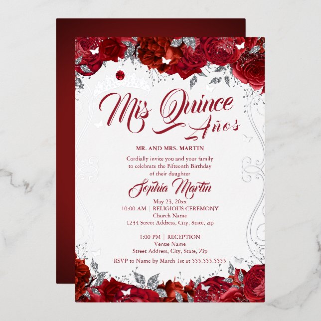 Floral Ruby Silver Red Mis Quince Quinceanera Folieneinladung (Vorderseite/Rückseite)
