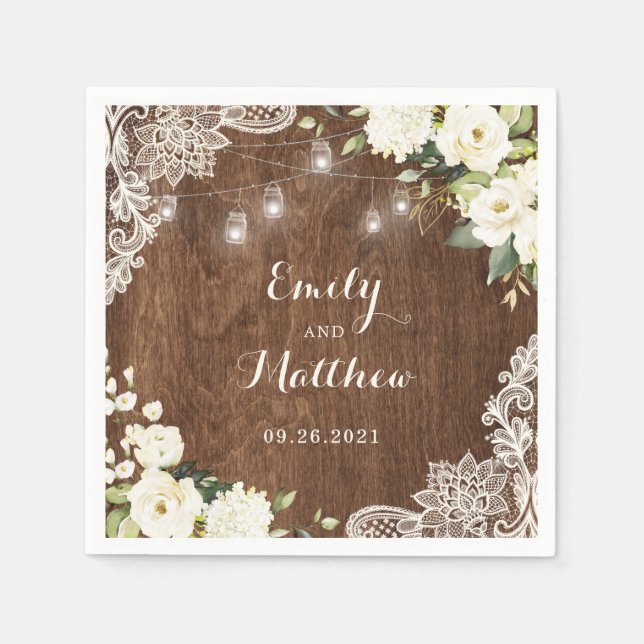 Floral rustic Holz Spitzen Lichter Mason Jars Serviette (Vorderseite)