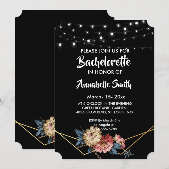 Floral Rustic Magnolia String Lights bachelor Einladung (Vorne/Hinten)